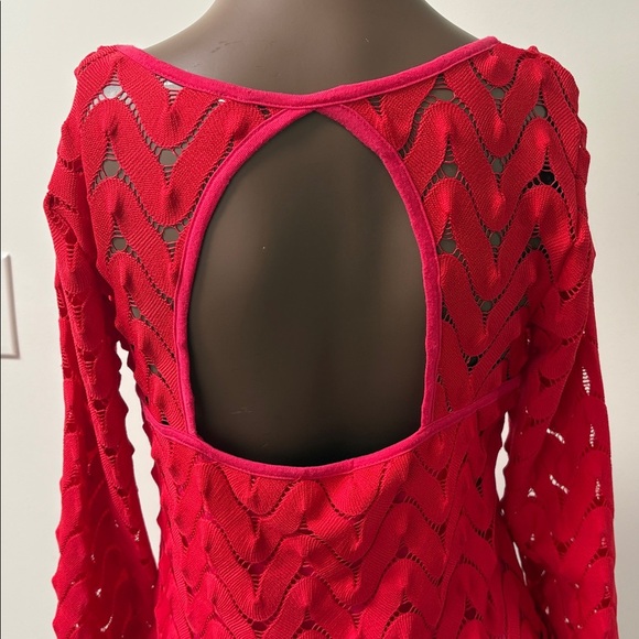 Free People wild thing red mini dress lace crochet knit longsleeve Medium M - Picture 7 of 9
